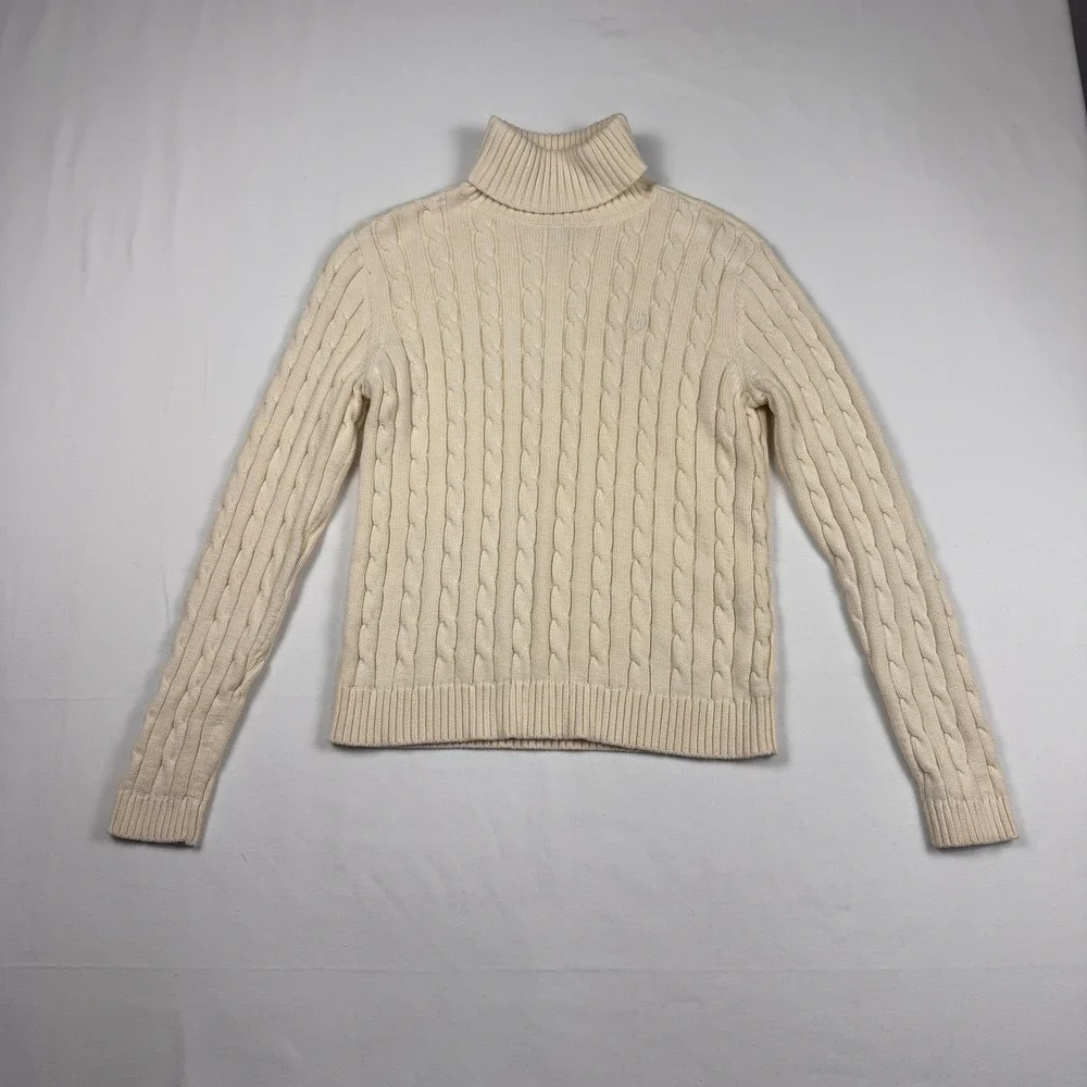 Chaps Turtleneck Sweater Womens Medium Cream Cable Knit 100% Cotton Long Sleeve